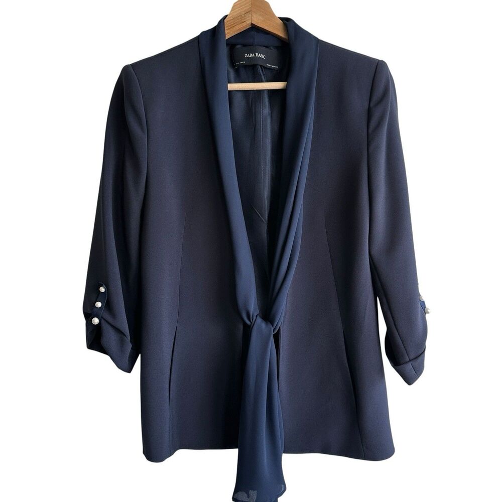 Zara Blazer Sz L Navy Blue Jacket Scarf Tie Women’s Preppy Workwear